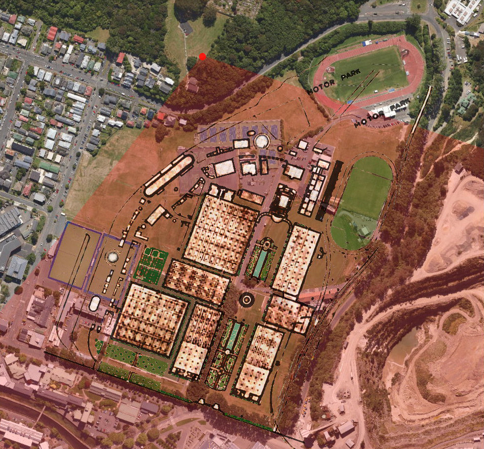 Logan Park today, overlaid with an exhibition site plan. The red dot and highlighting show the...