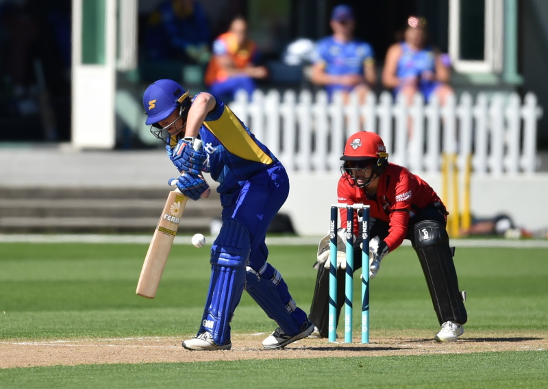 Canterbury Magicians wicket keeper Darcy Rose Prasad watches on as Otago Sparks batter Felicity...
