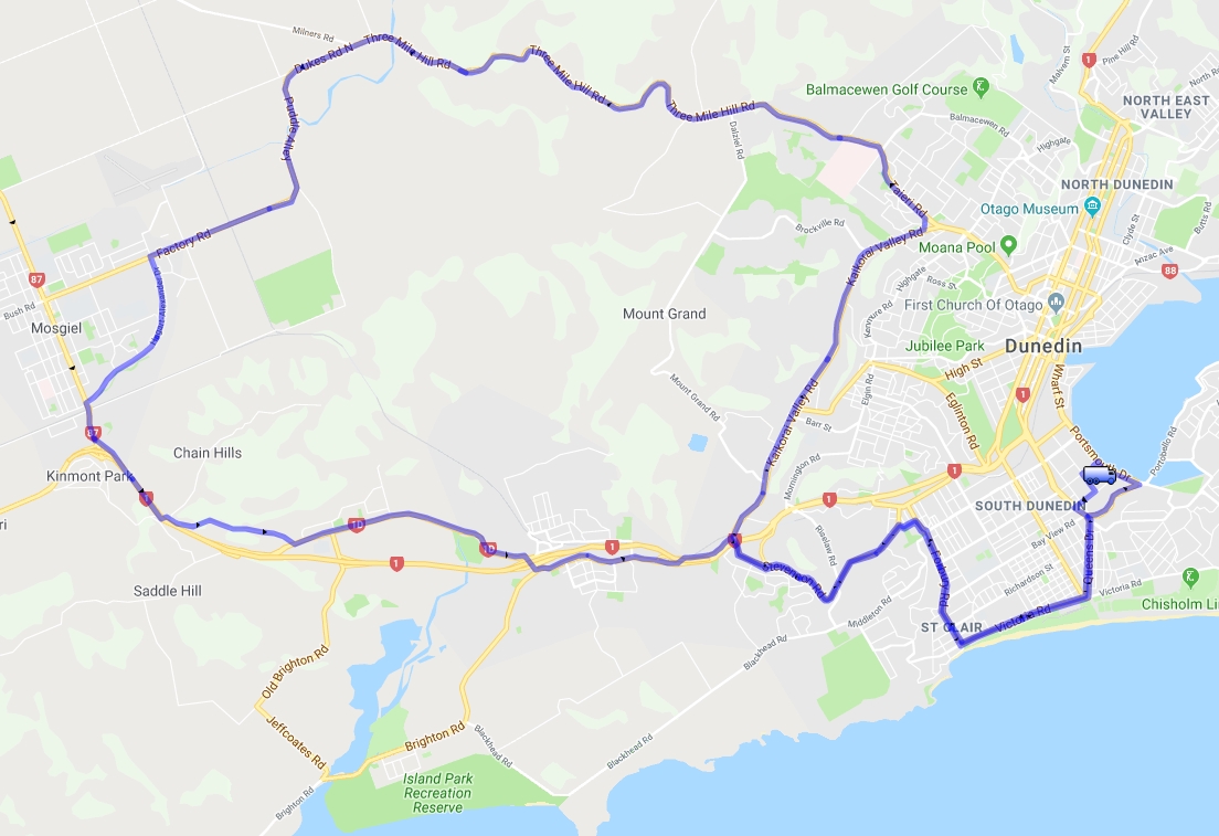 The route map for the 2019 Special Rigs for Special Kids, with a change in Mosgiel.