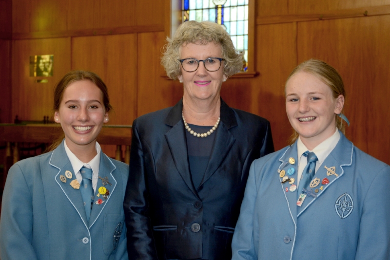 Jackie Barron with Tessa Sinteur (Deputy Head Prefect) and Libby Drummond (Head Prefect).