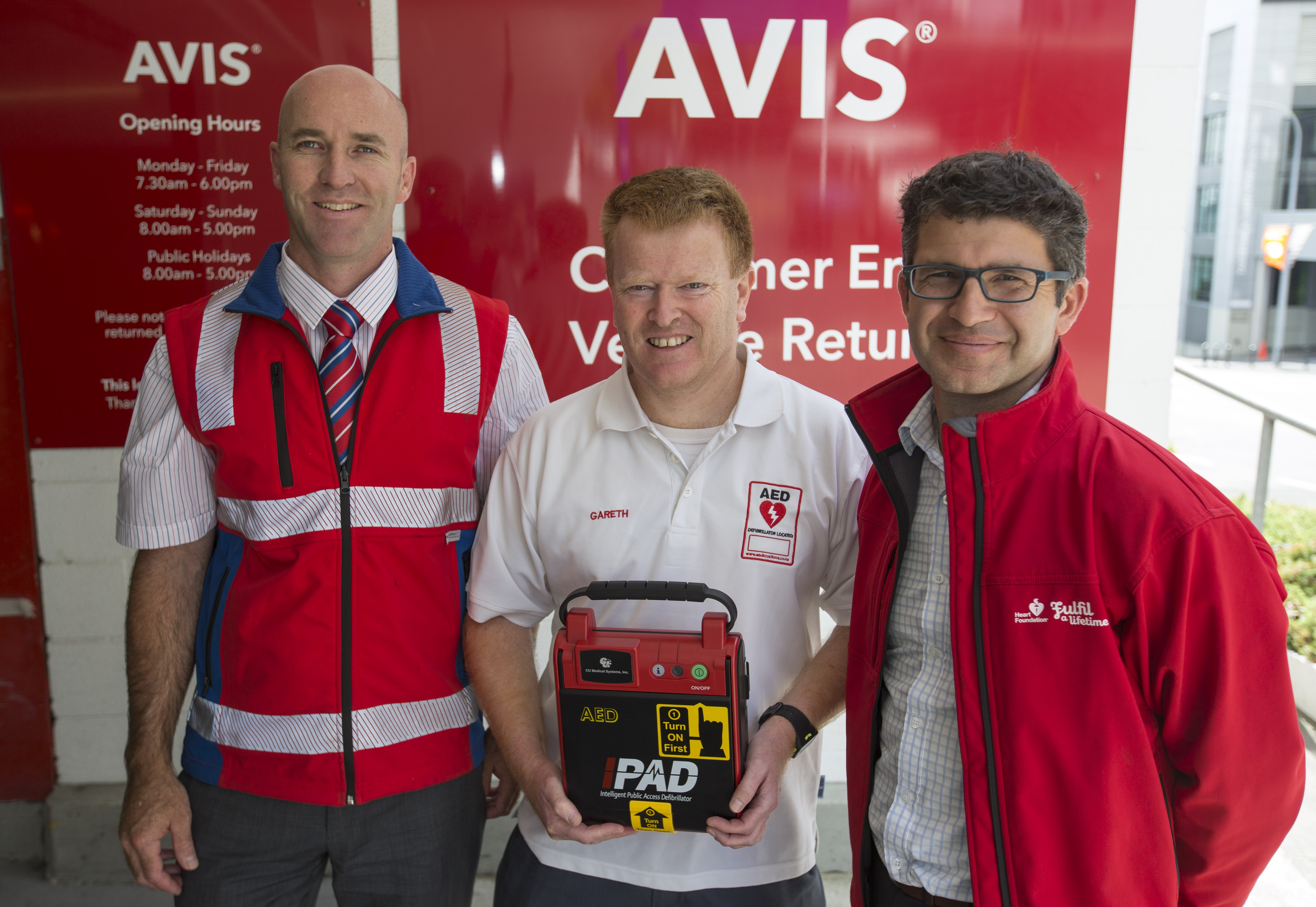Pleased to see the new defibrillators installed around New Zealand are, from left, Toby Butland, of Avis, Auckland DHB resuscitation co-ordinator Gareth Jenkin and Heart Foundation Heart Healthcare manager Kim Arcus. PHOTO: PETER MEECHAM