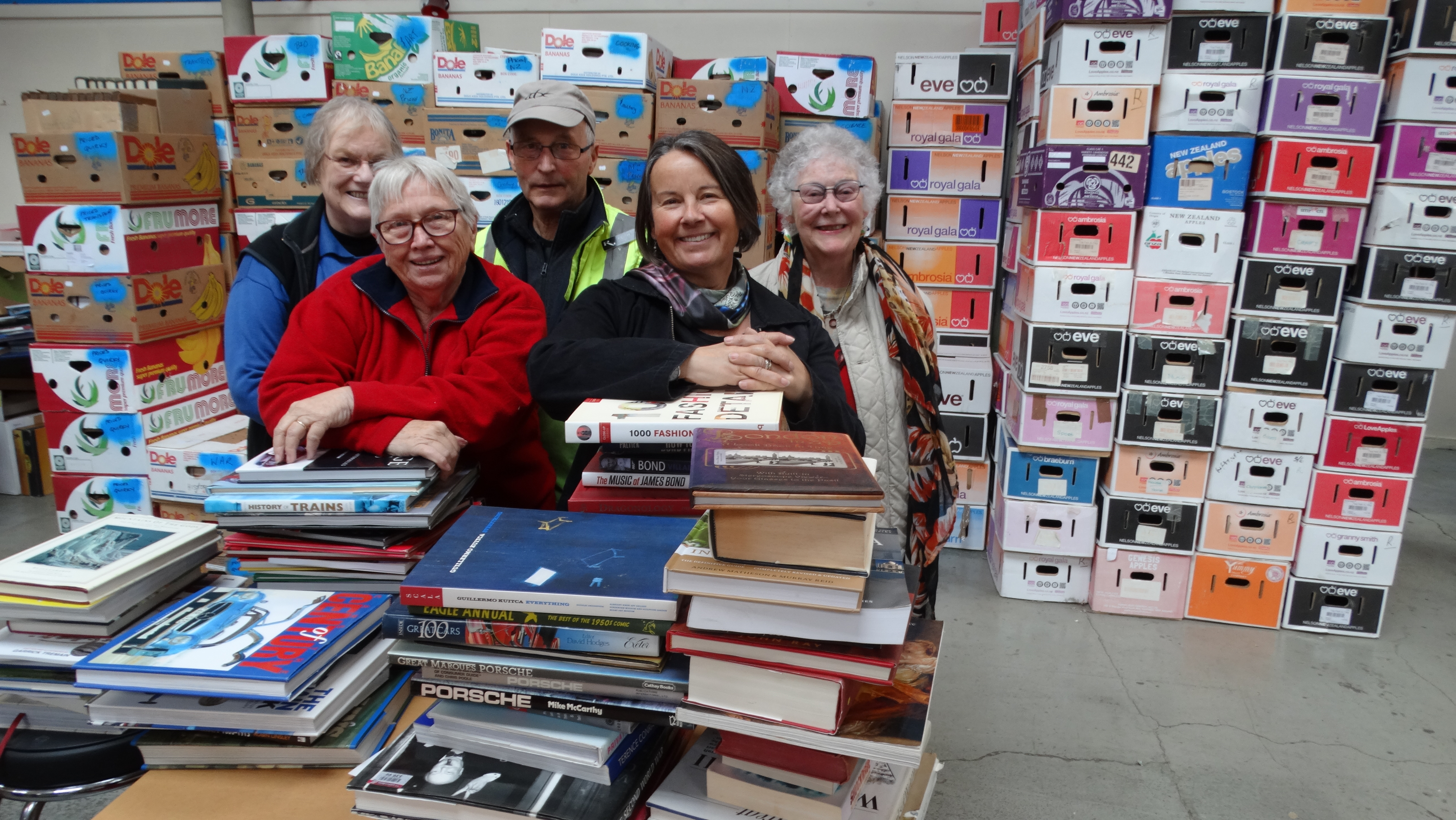 Stalwart book sorters (from left) Sue Hardy, Kath Wallace, Keith Wallace, book sale co-ordinator...
