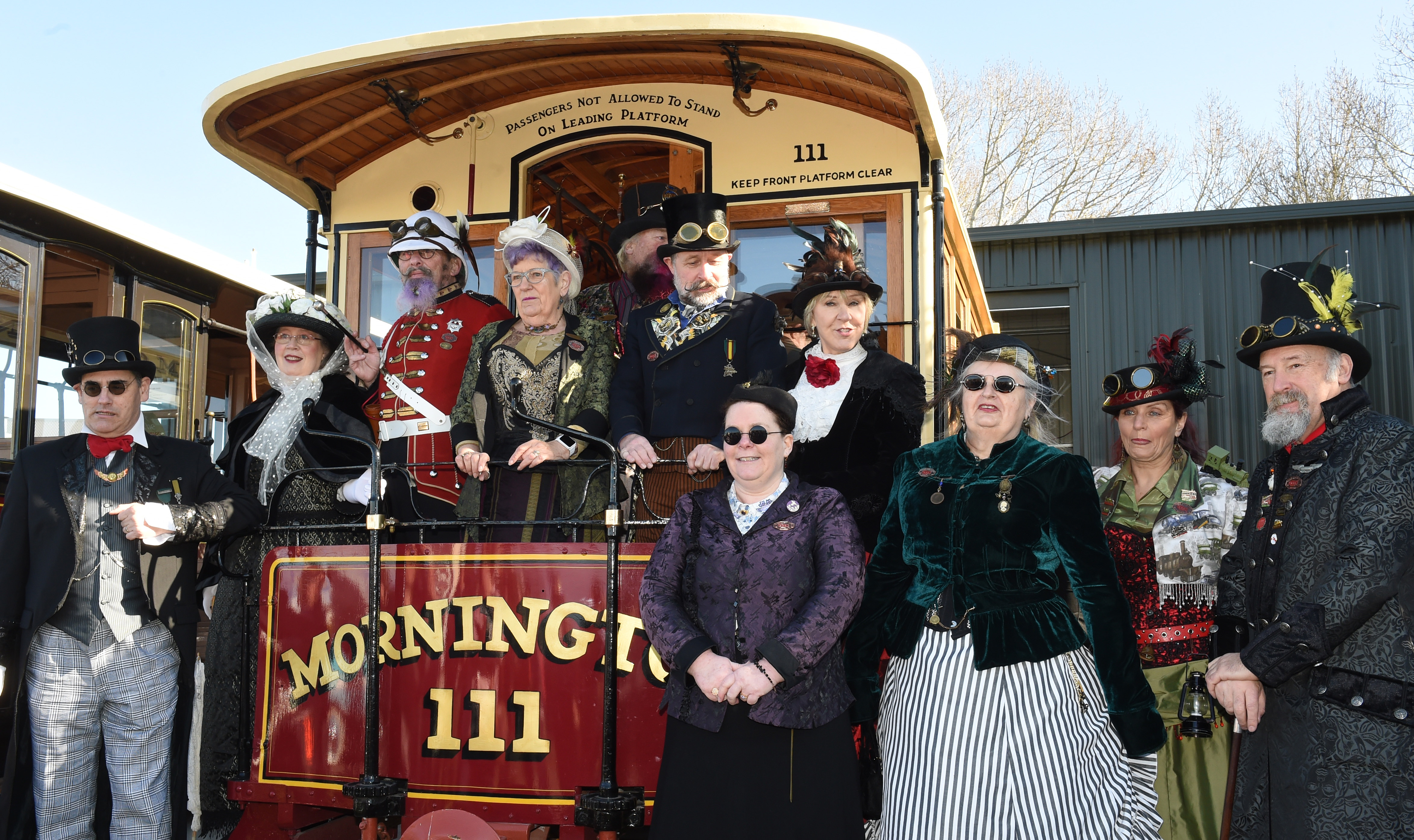 Dunedin steampunks feel right at home on restored cable cars in Mornington. PHOTO: GREGOR RICHARDSON