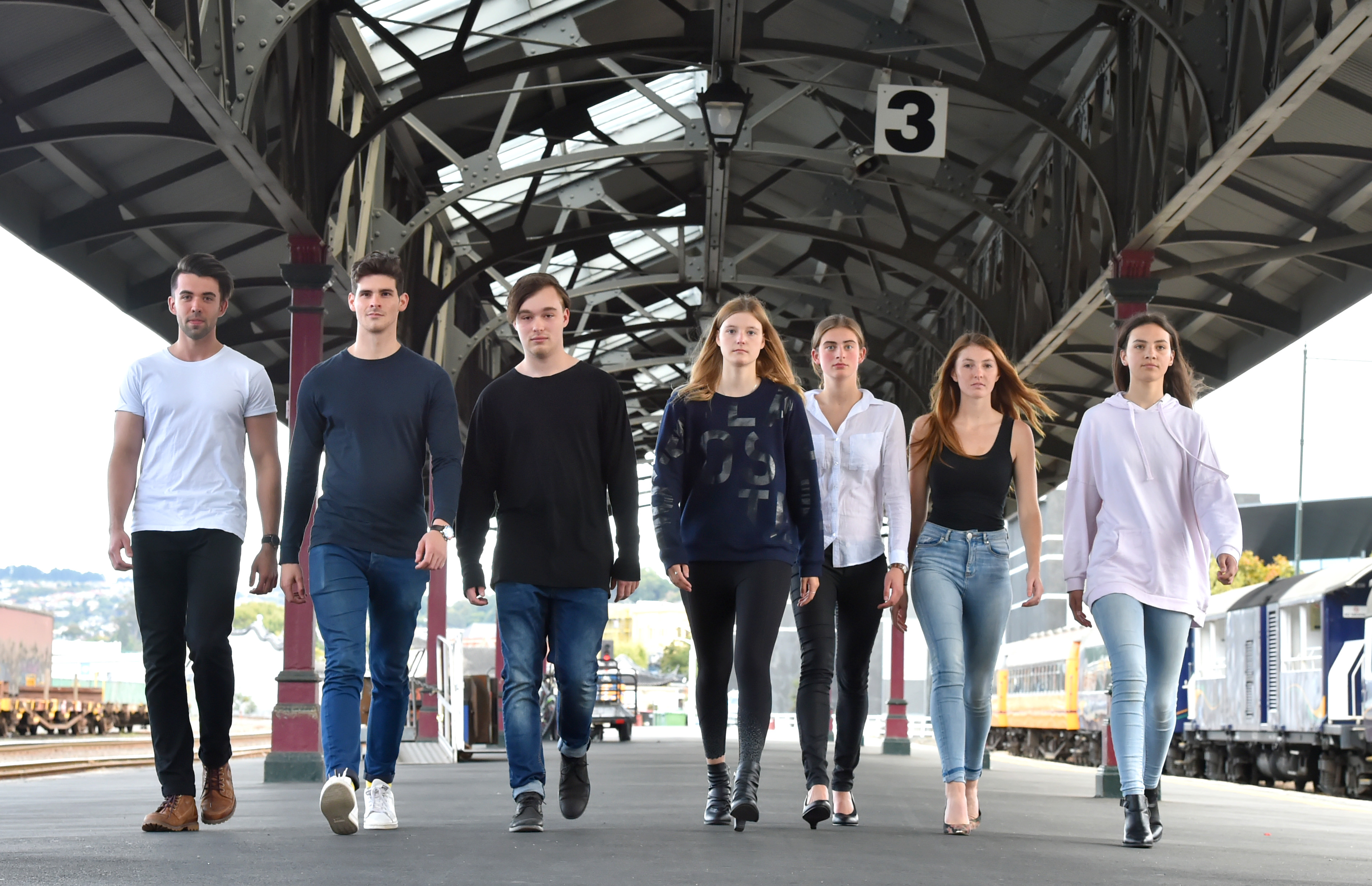 Models from Aart Model Management in Dunedin take a last practice strut on Dunedin Railway...