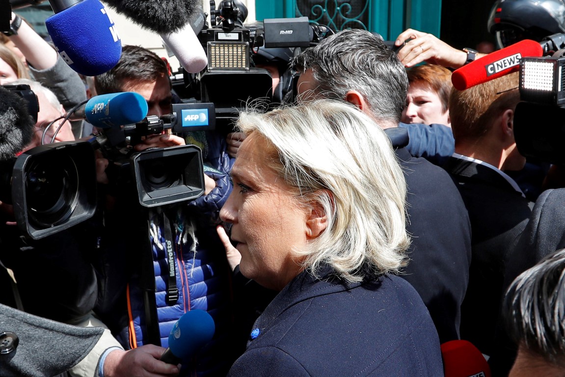 Marine Le Pen arrives at her campaign headquarters in Paris. Photo Reuters
