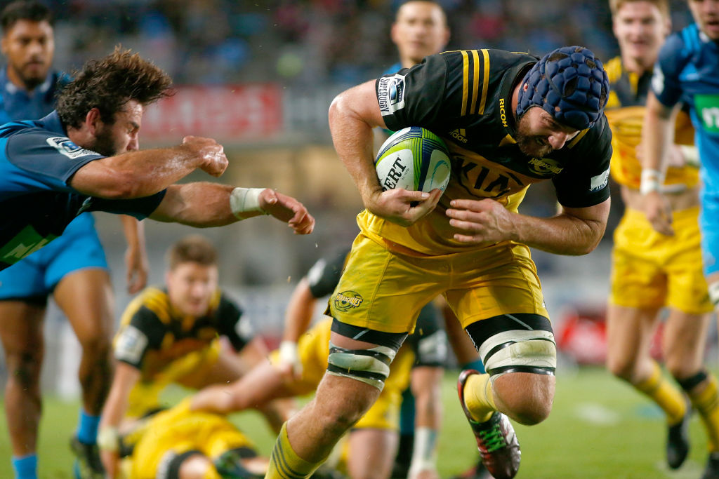 A determined Mark Abbott scored two tries for the Hurricanes at Eden Park. Photo: Getty Images 