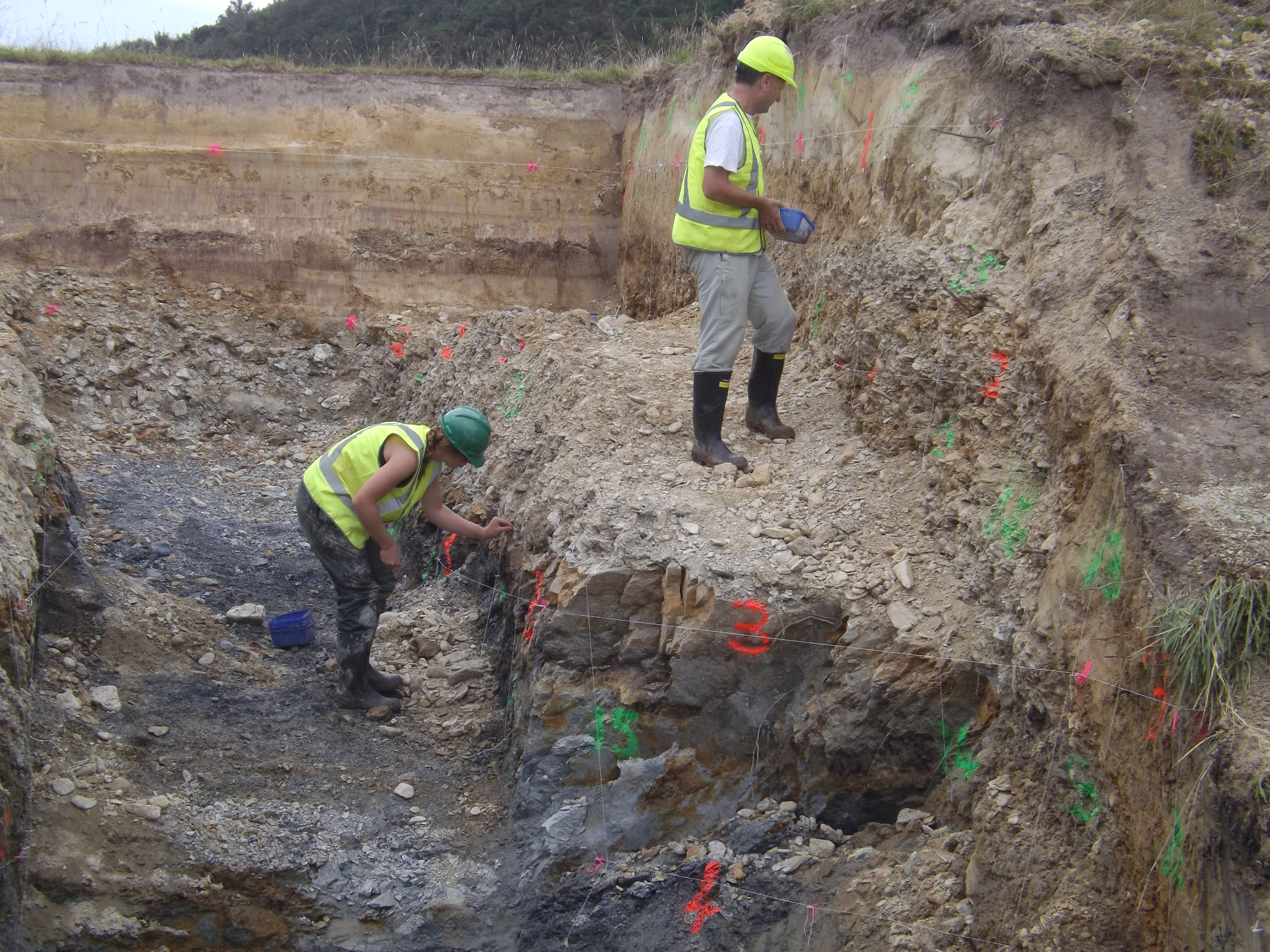 Master of science student Briar Taylor-Silva (left) and Prof Mark Stirling research the Akatore...