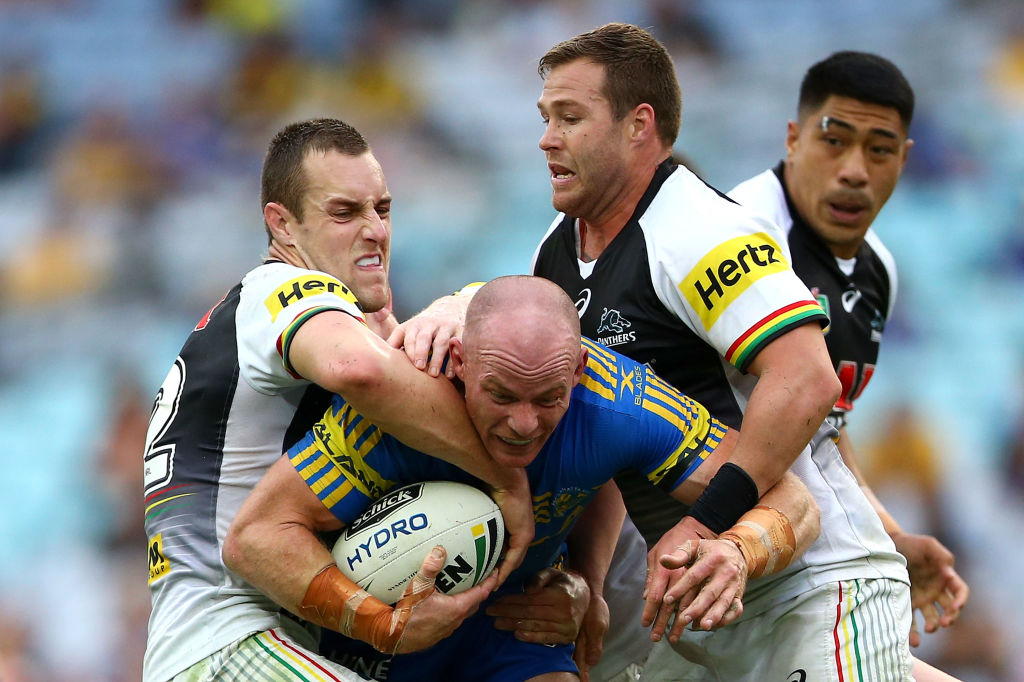 Beau Scott of the Eels is tackled during the round eight match. Photo: Getty