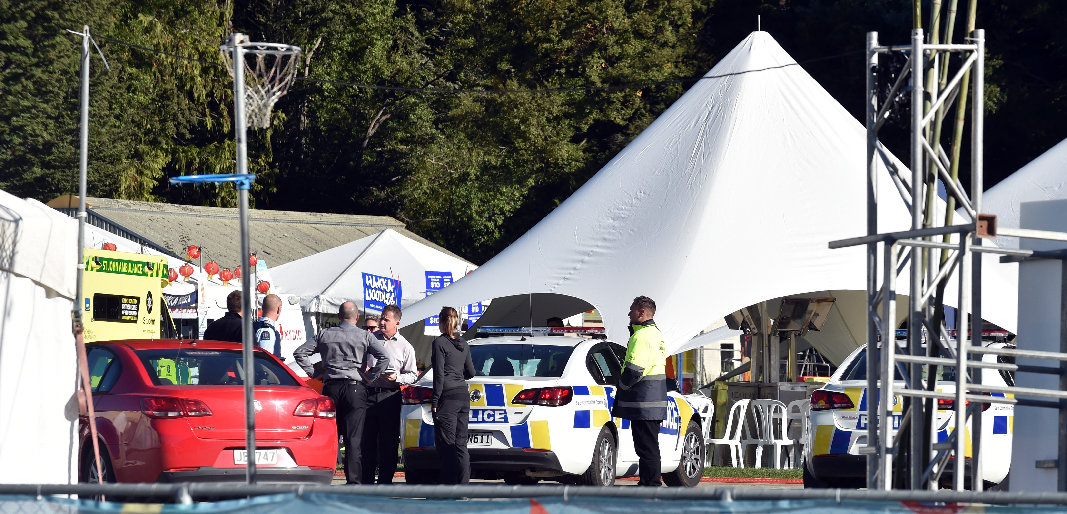 Police and witnesses look towards the trees on the Queenstown Primary School grounds on Saturday, after a parapenter fell to his death. Photo: Craig Baxter.