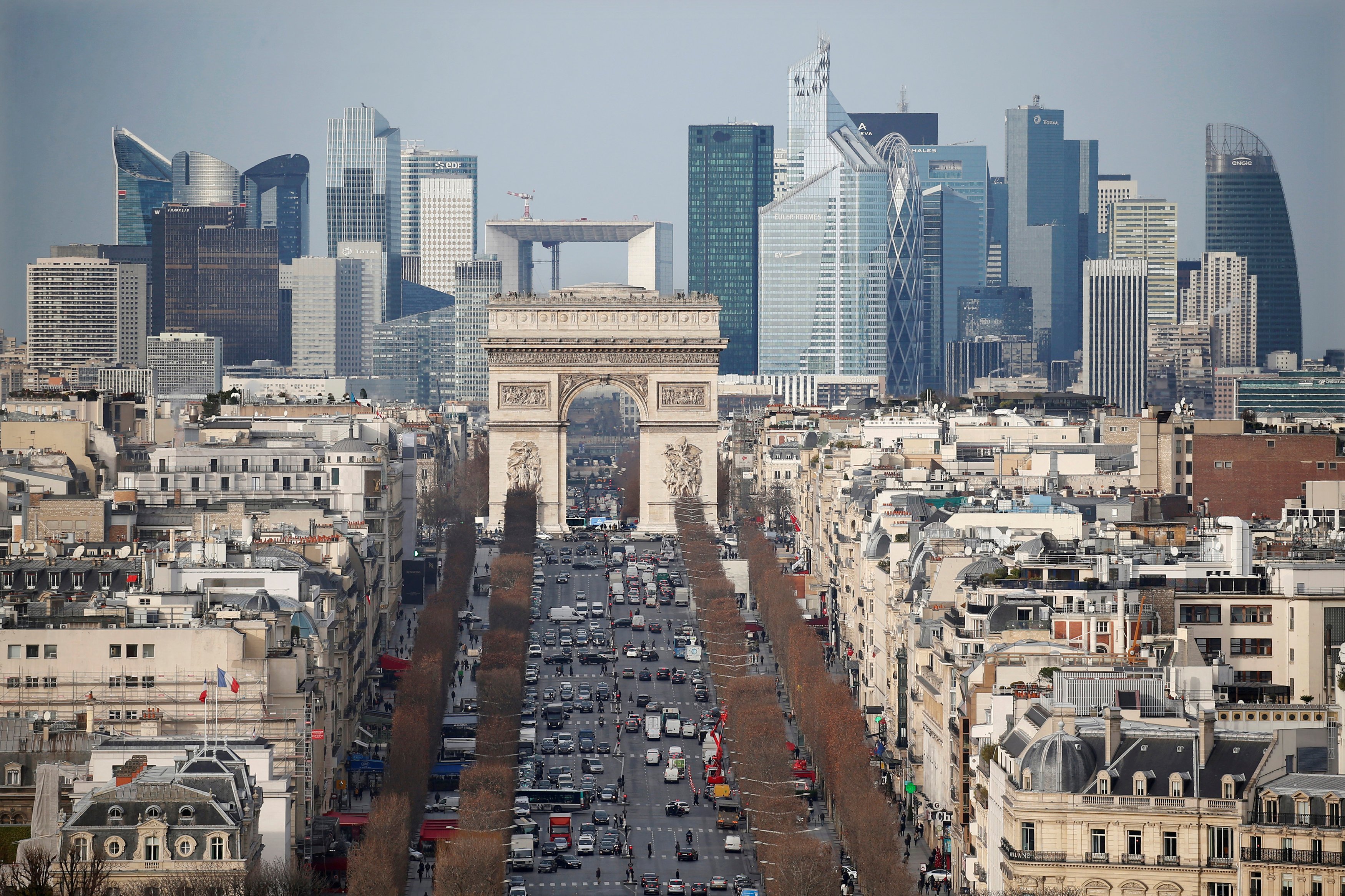 Central Paris, looking down the Champs Elysees Avenue, towards the Arc de Triomphe and to La...