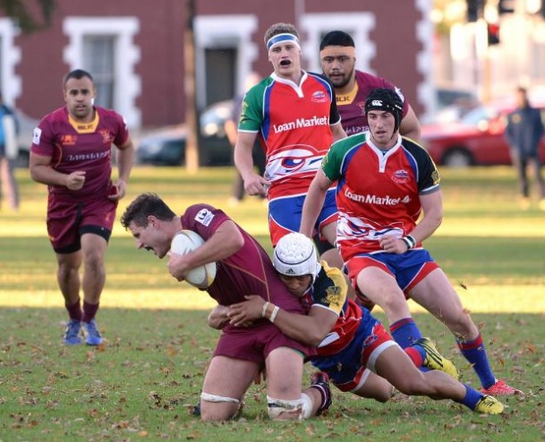 Harbour players (in headgear) in action against Alhambra-Union recently. Photo Linda Robertson