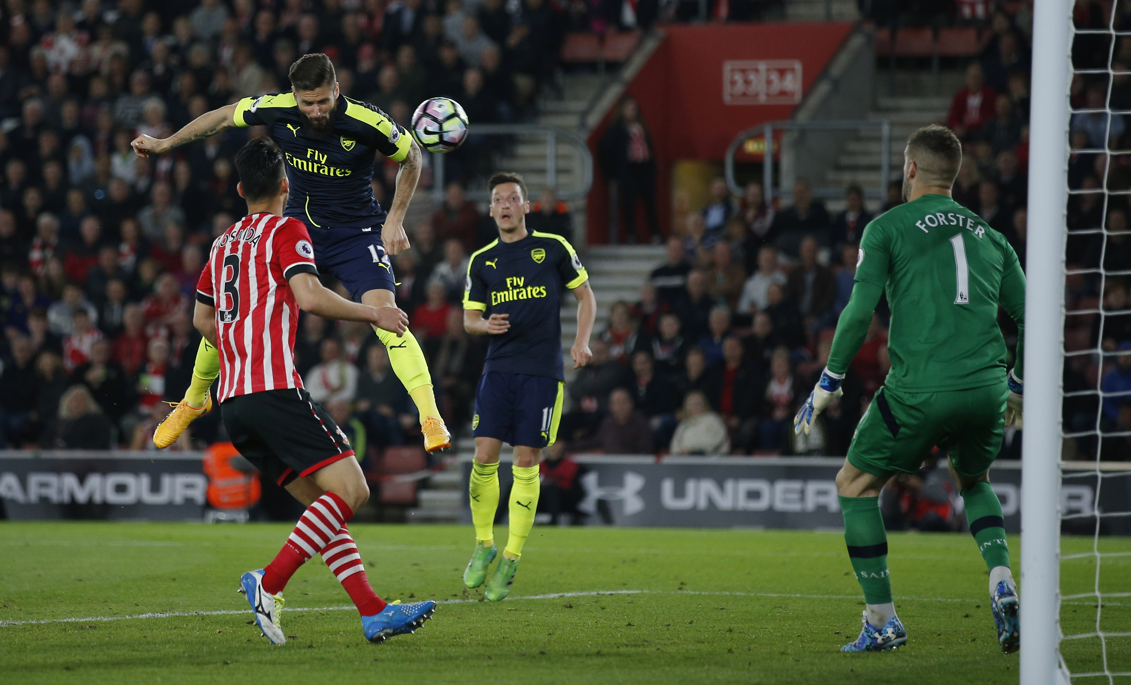 Olivier Giroud scores the second goal for Arsenal. Photo Getty