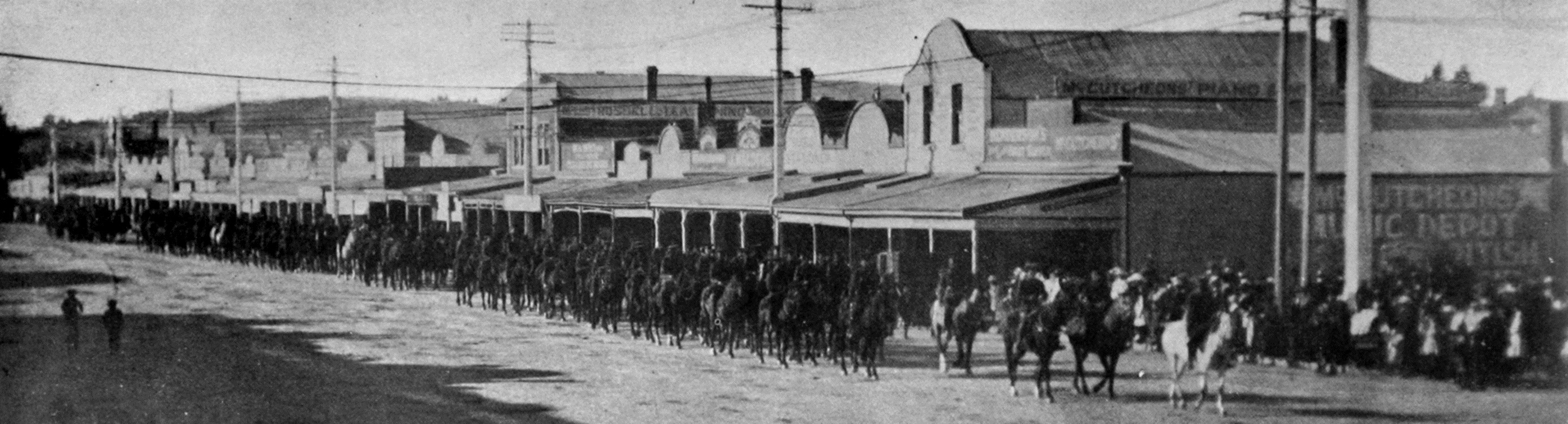 The celebration of Anzac Day in Gore: a procession of heroes of Gallipoli passing through the town. - Otago Witness, 9.5.1917
