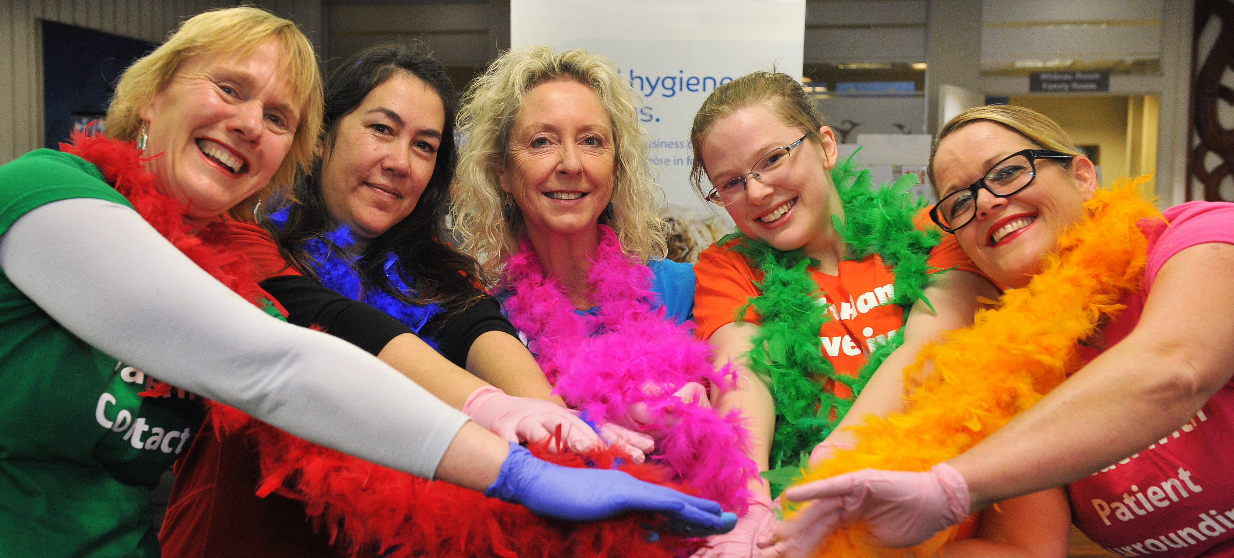 Taking part in a burlesque flash mob to promote hand hygiene at Dunedin Hospital are (from left)...