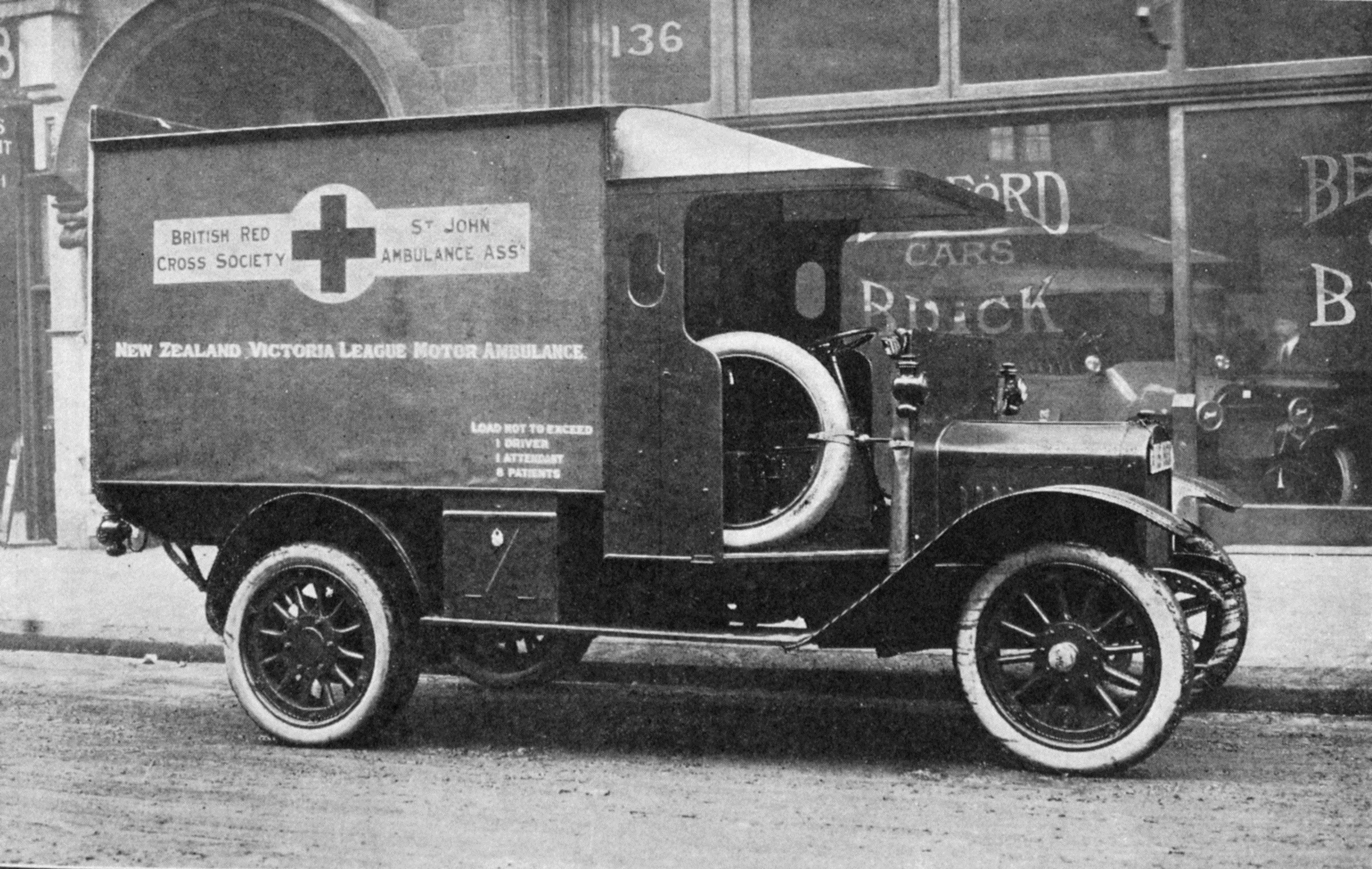 One of the two ambulances presented to the British Red Crosss Society by the United Victoria...