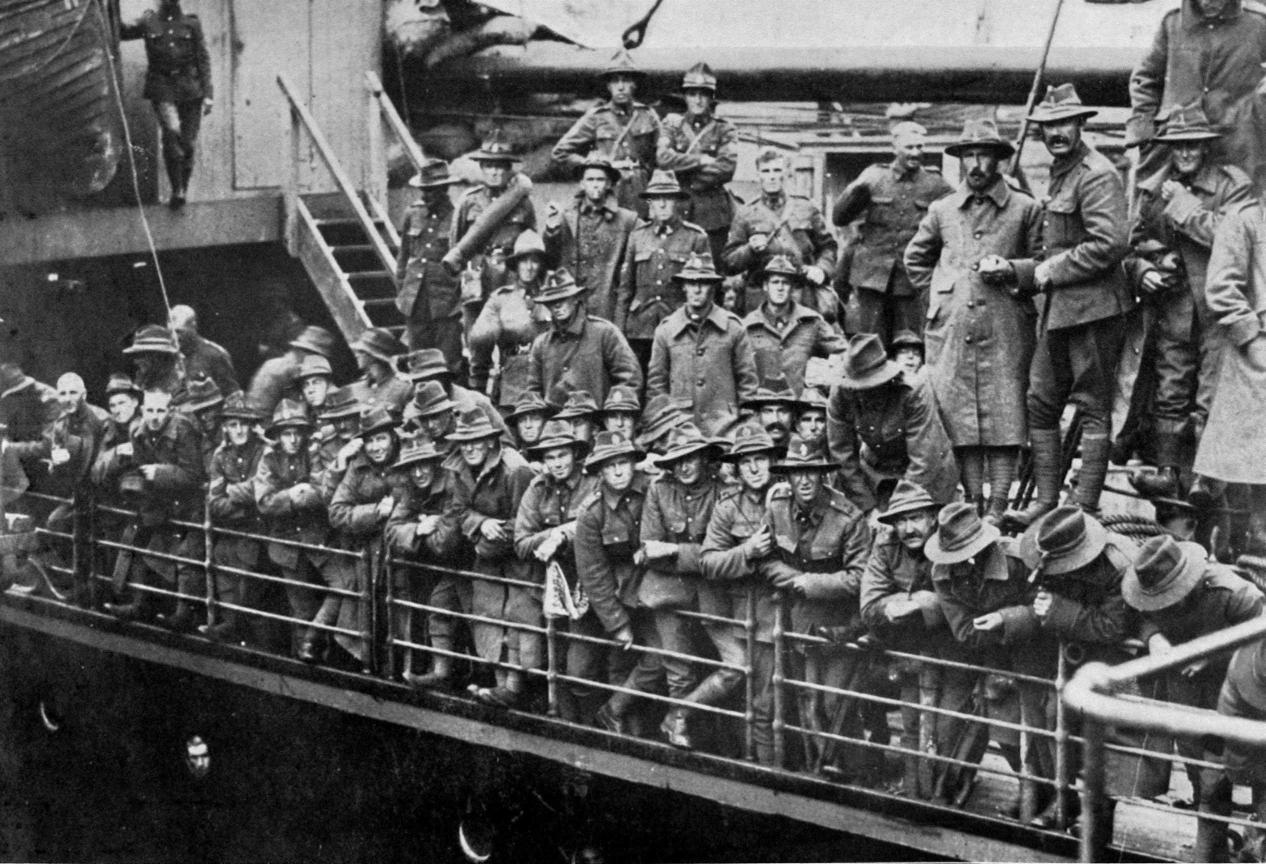 A section of Reinforcements leaving for the front on the deck of a transport ship.- Otago Witness, 9. 5.1917.