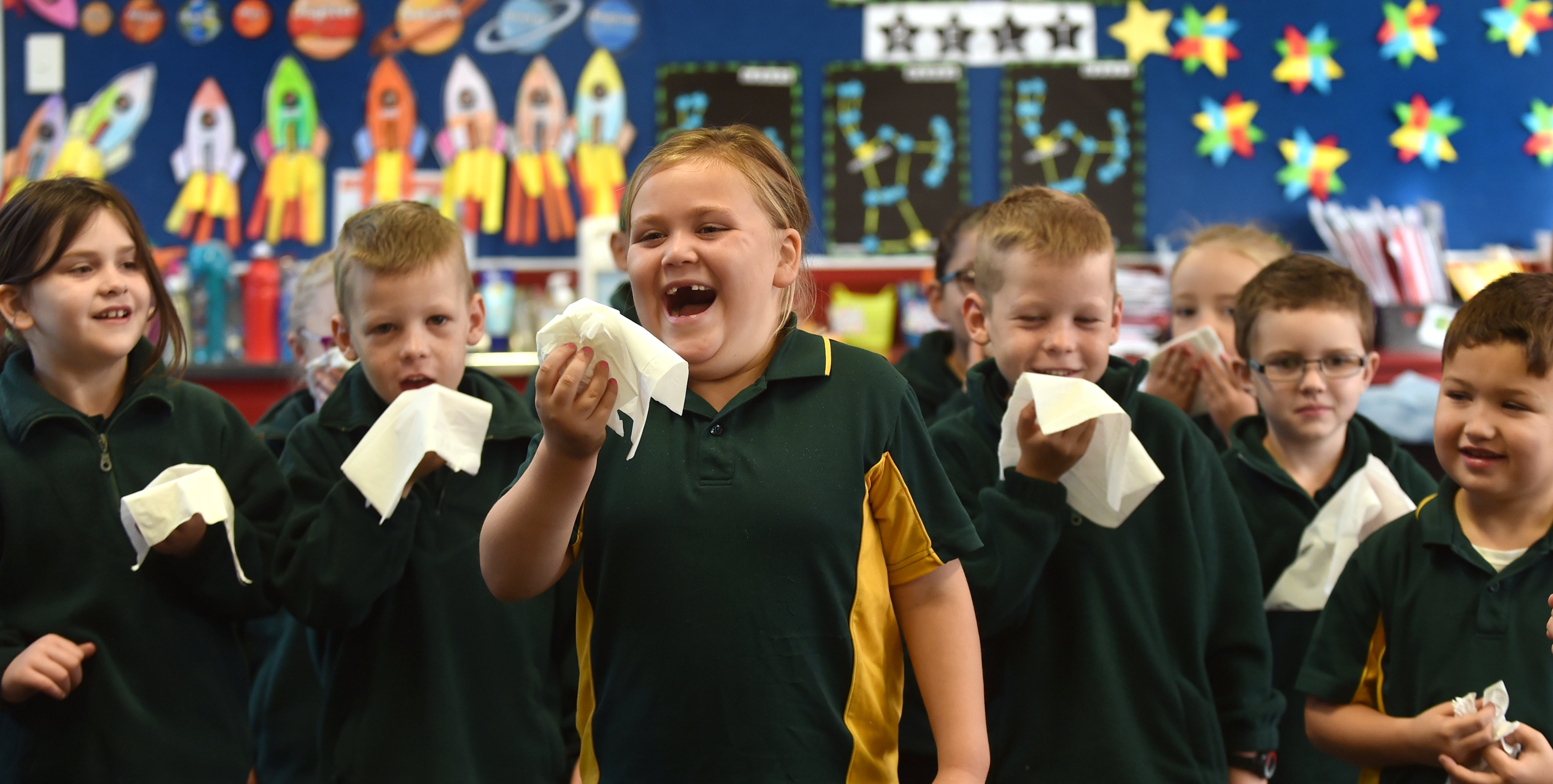 (from left) Isabella Coombes (6), Brooke Agnew (6, partially obscured), Heath Pickering (7), Isabelle Christian (6), Ivy Malcolm (6, partially obscured), Tristen Pickering (7), Cora Bachop (6), Riley Innes (6) and Aiden Walsh (5) Photo: Peter McIntosh.
