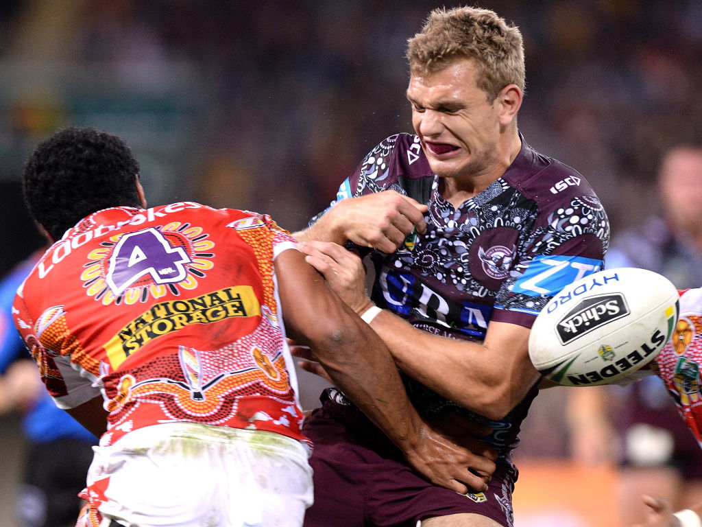 Tom Trbojevic was injured from an awkward fall when tackled. Photo: Getty