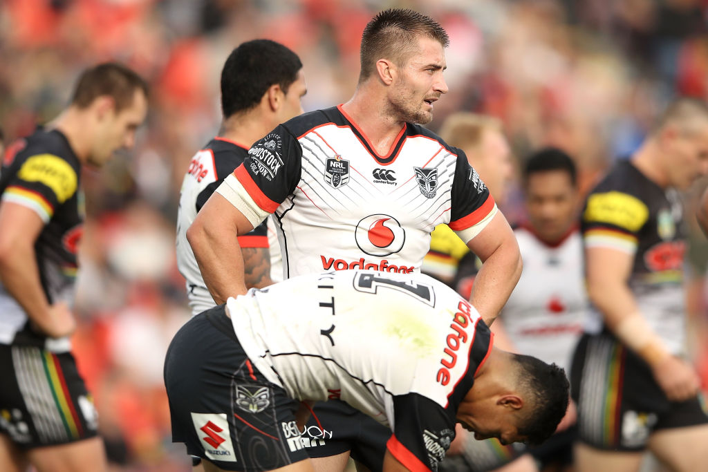 Kieran Foran of the Warriors after the Panthers scored a try. Photo: Getty