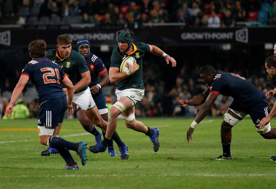 South Africa's Warren Whitely on the charge against France. Photo Reuters