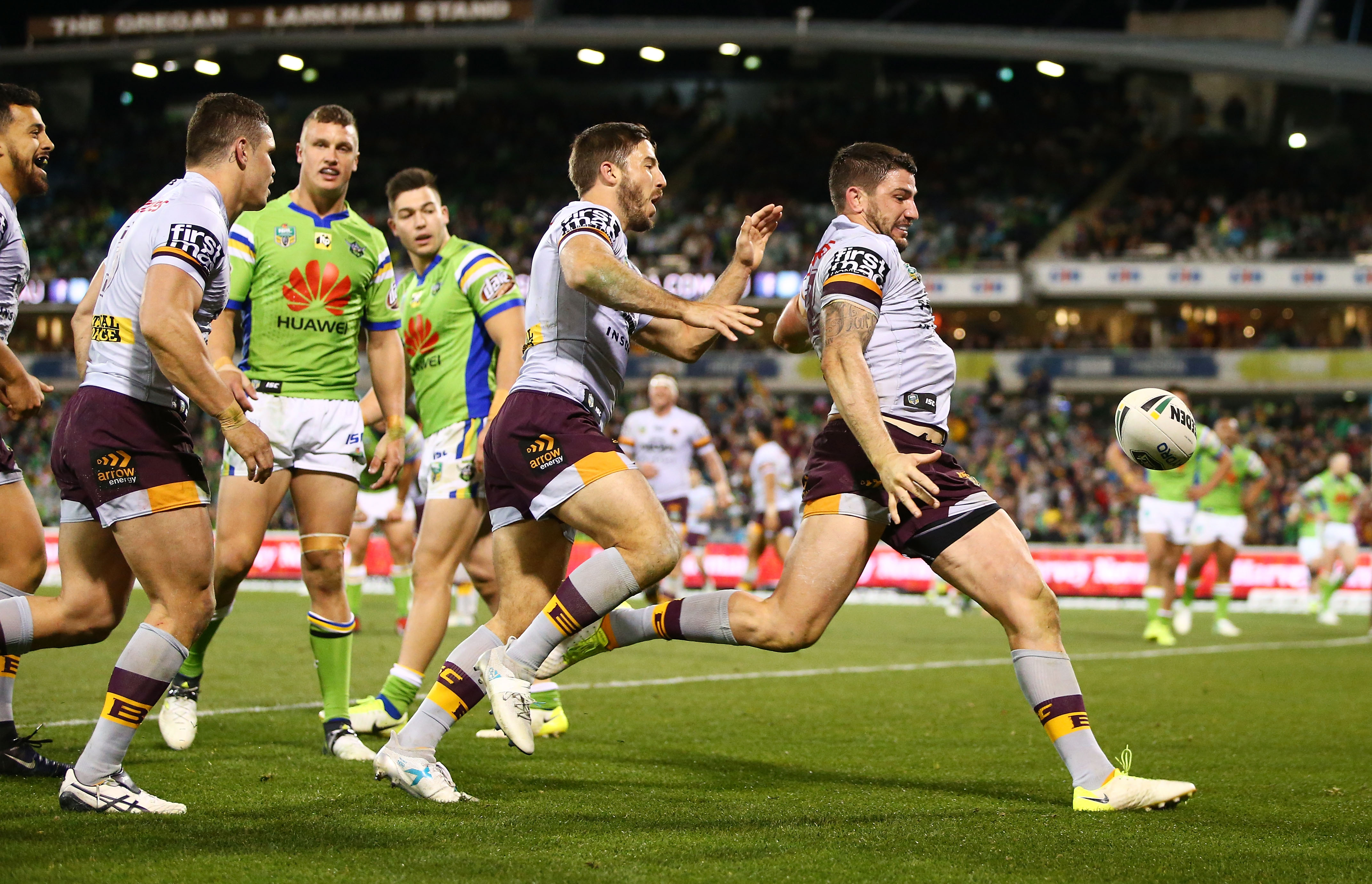 Matt Gillett of the Broncos celebrates scoring the final try. Photo: Getty