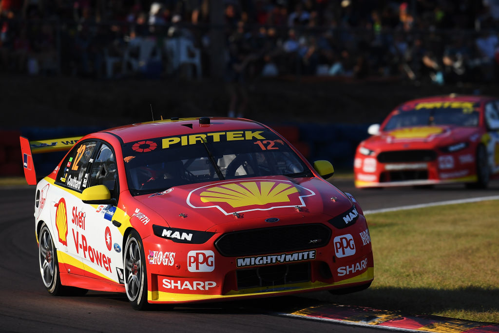 Fabian Coulthard drives the #12 Shell V-Power Racing Team Ford Falcon FGX during race 11 for the...