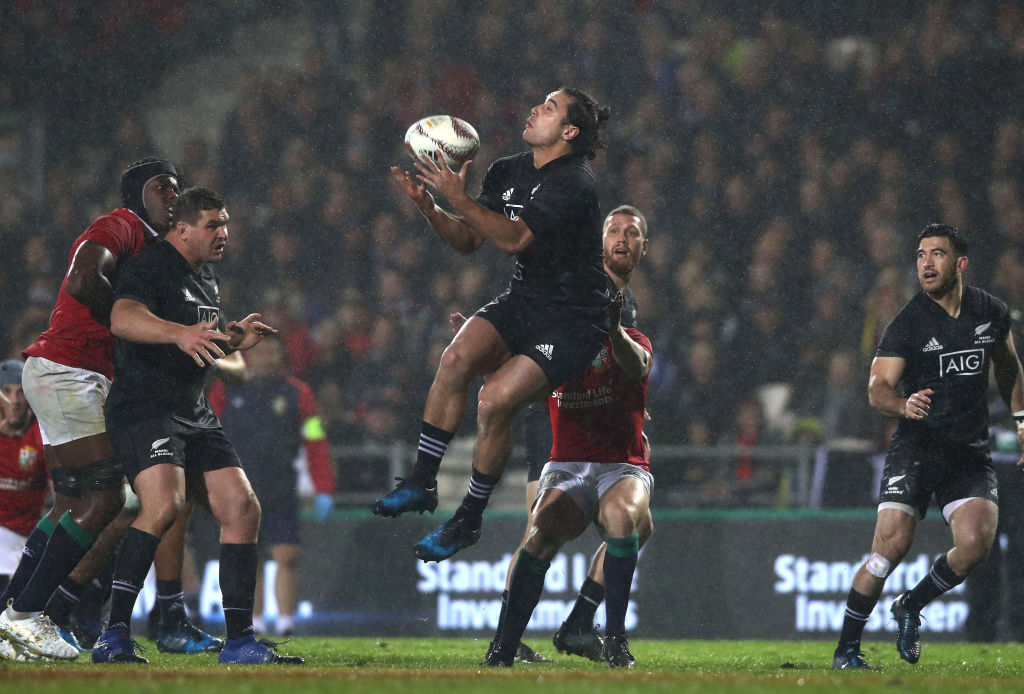 James Lowe of the Maori All Blacks fumbles a high ball. Photo: Getty