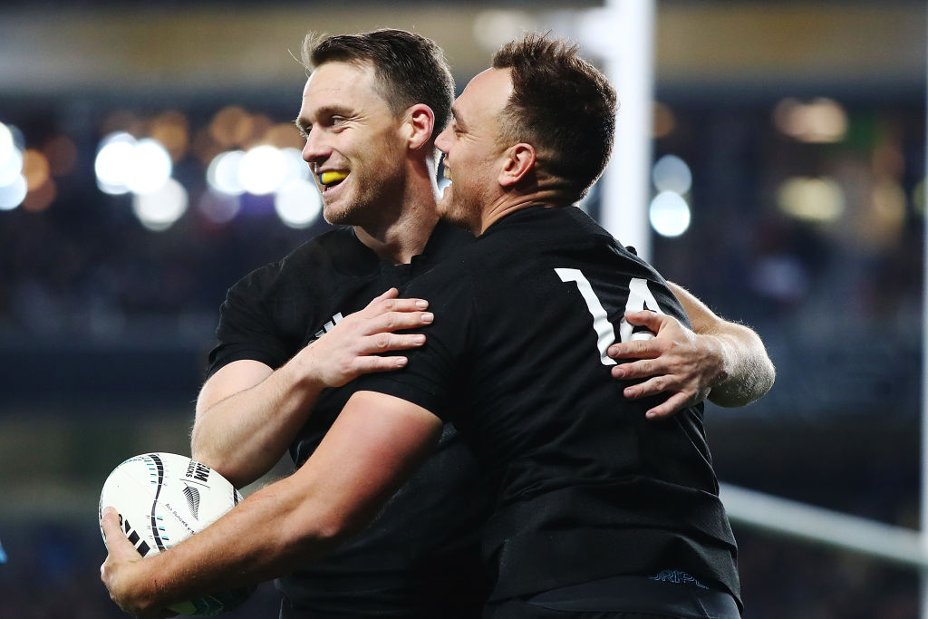 Israel Dagg (R) celebrates with All Black captain Ben Smith  after scoring a try against Samoa....