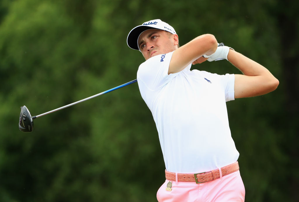 Justin Thomas plays from the 17th tee during the third round at Erin Hills in Hartford, Wisconsin...