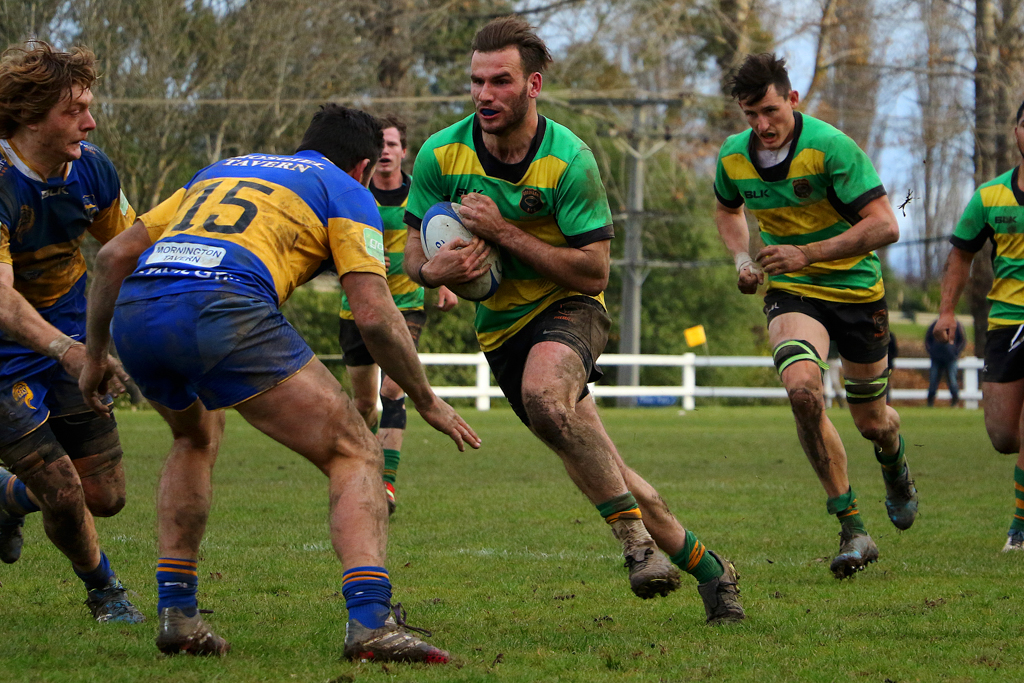 Green Island and Taieri battle it out at Miller Park in Dunedin. Photo: Caswell Images