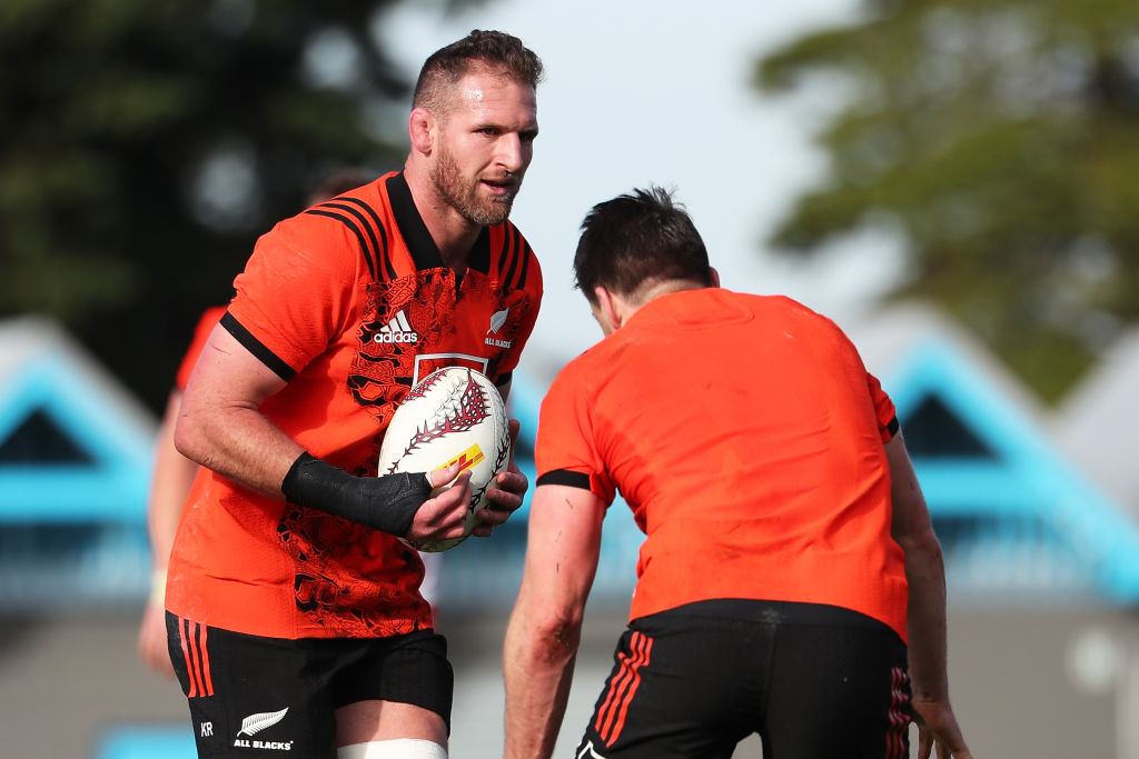 Kieran Read (L) goes into a tackle during a New Zealand All Blacks training session. Photo: Getty