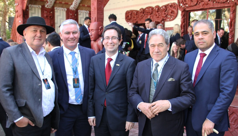 At a powhiri for the Lions - Shane Jones (left), Labour MP Kelvin Davis, British High...