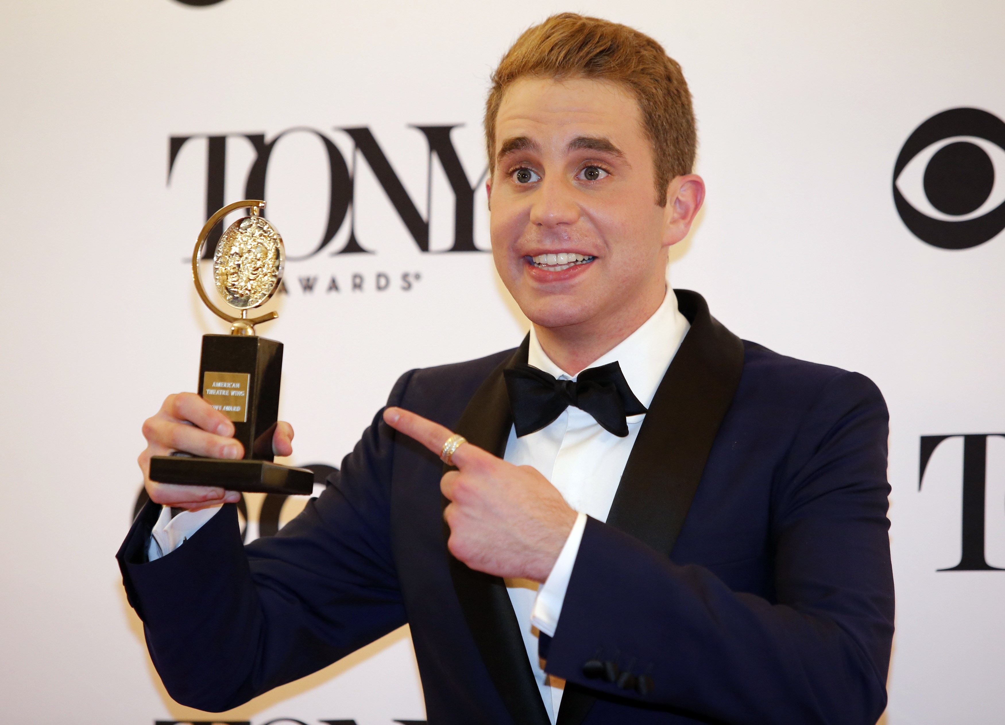 Ben Platt poses with his award for Best Performance by an Actor in a Leading Role in a Musical...