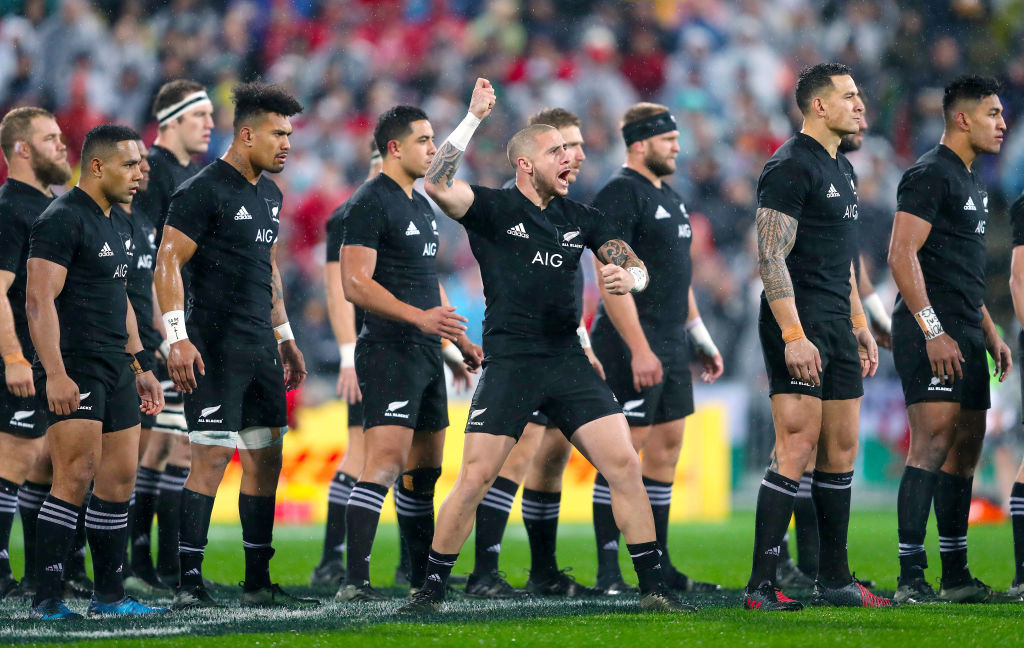 TJ Perenara leads the All Blacks in the haka before the second test at Westpac Stadium in...