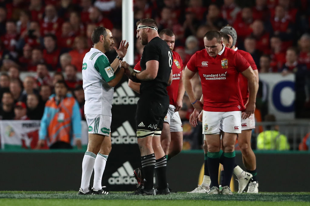 All Black captain Kieran Read remonstrates with referee Romain Poite after Poite awarded a scrum...