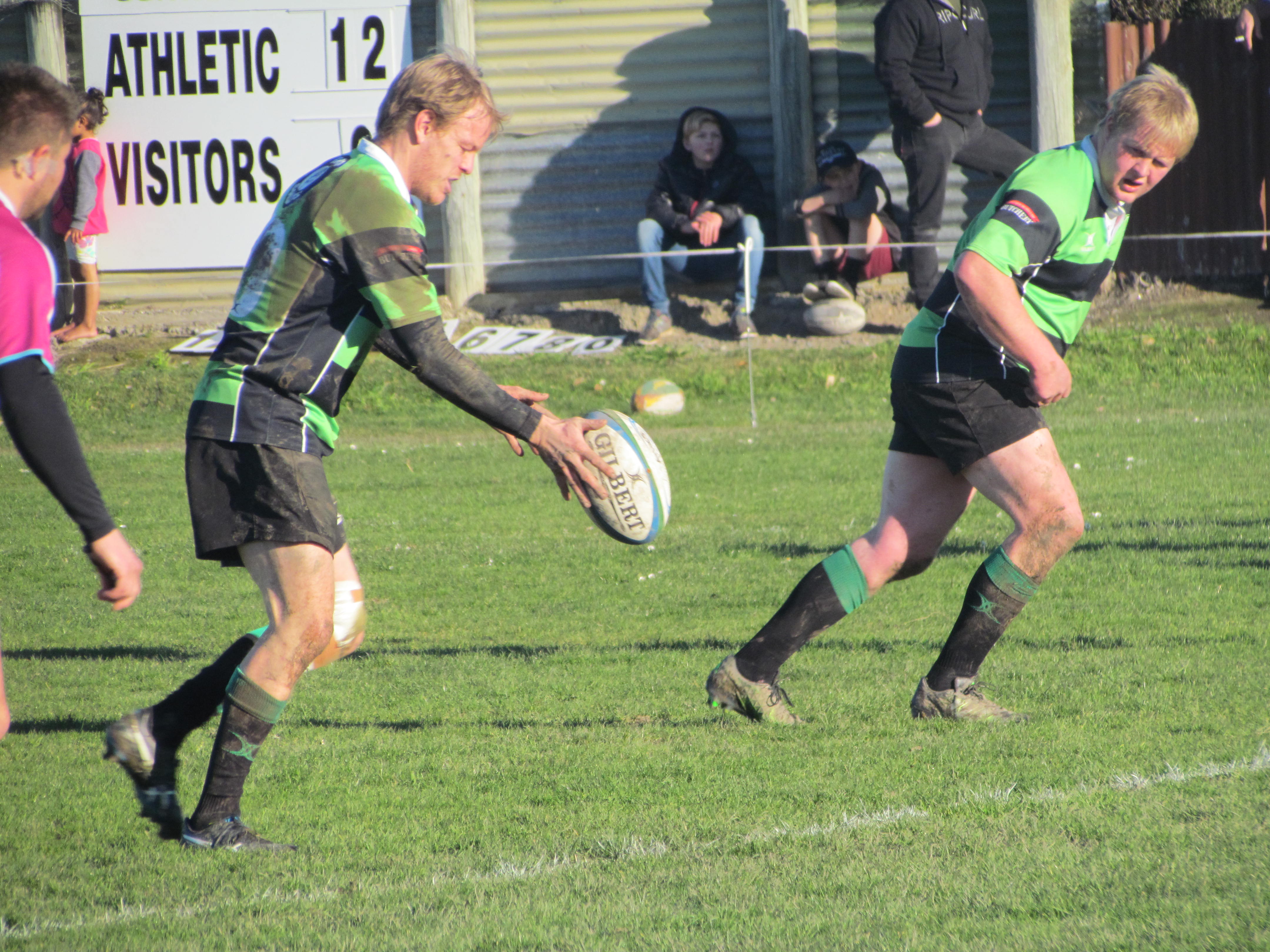 Maheno first five Chris Jennings restarts play next to team-mate Kieran Byrne during the Citizens...