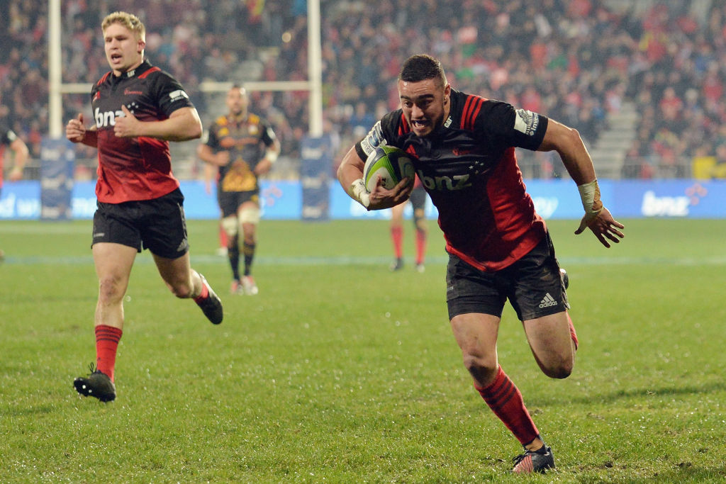  Bryn Hall of the Crusaders runs through to score a try. Photo: Getty
