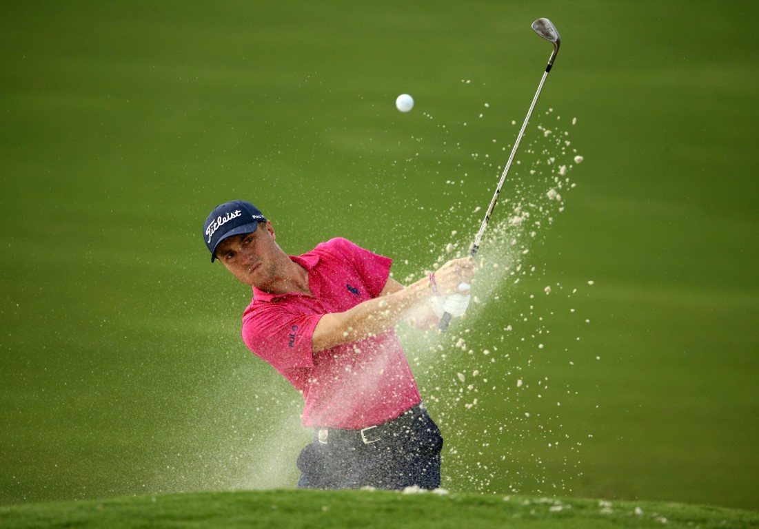 Justin Thomas plays from a bunker during the final round. Photo: Rob Schumacher-USA TODAY Sports