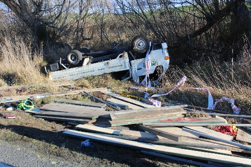 The truck went into a ditch near Balclutha this afternoon. Photo Samuel White