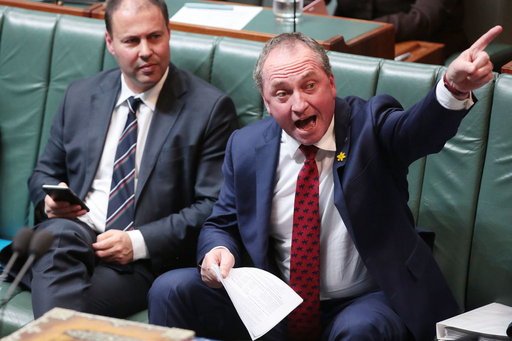 Australia's Deputy Prime Minister Barnaby Joyce gestures during question time at Parliament House...