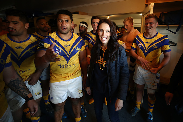 Labour leader Jacinda Ardern meets players from the Mt Albert rugby league team following their...