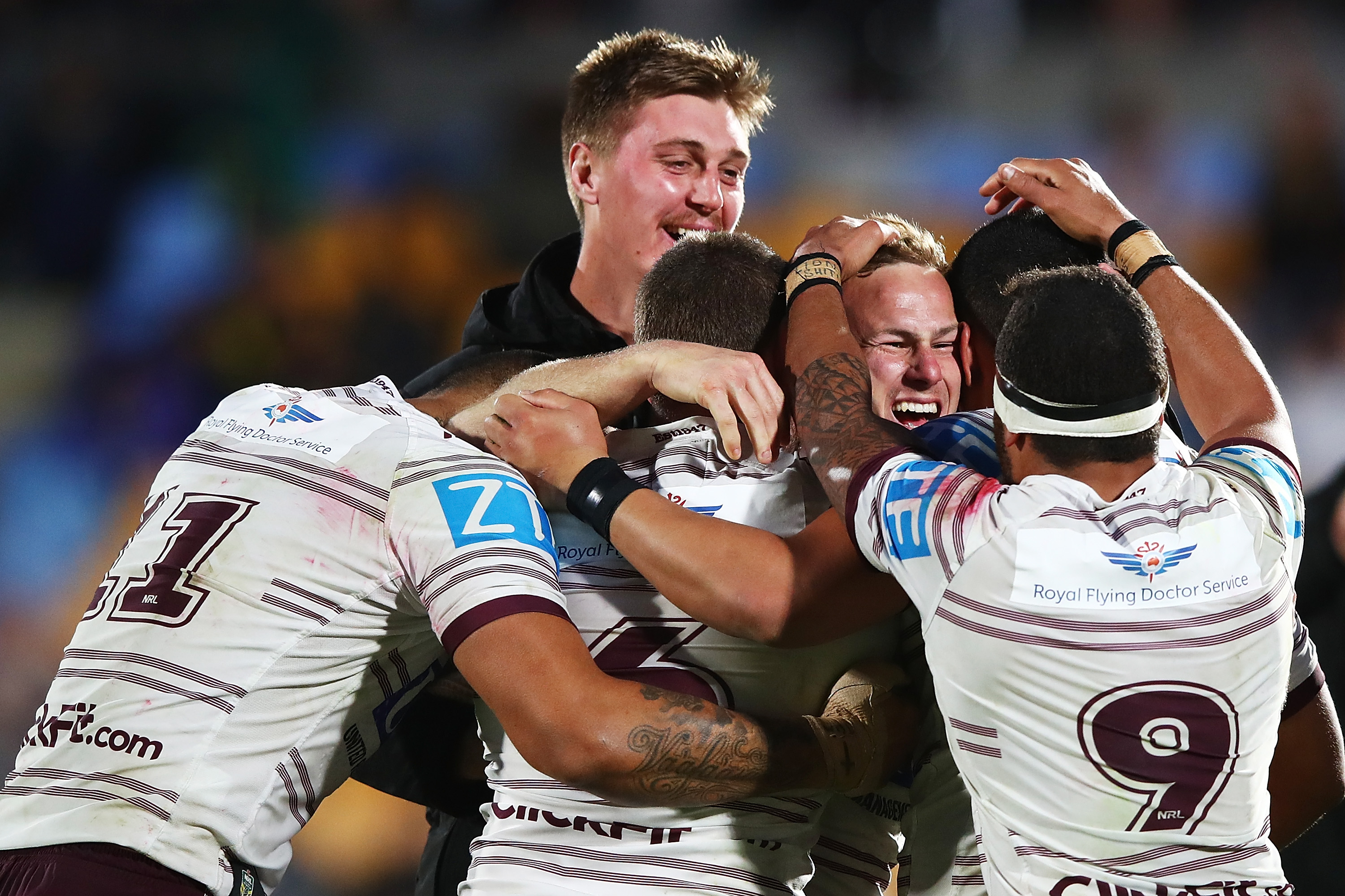 Daly Cherry-Evans of the Sea Eagles celebrates after kicking a field goal in extra time to win...