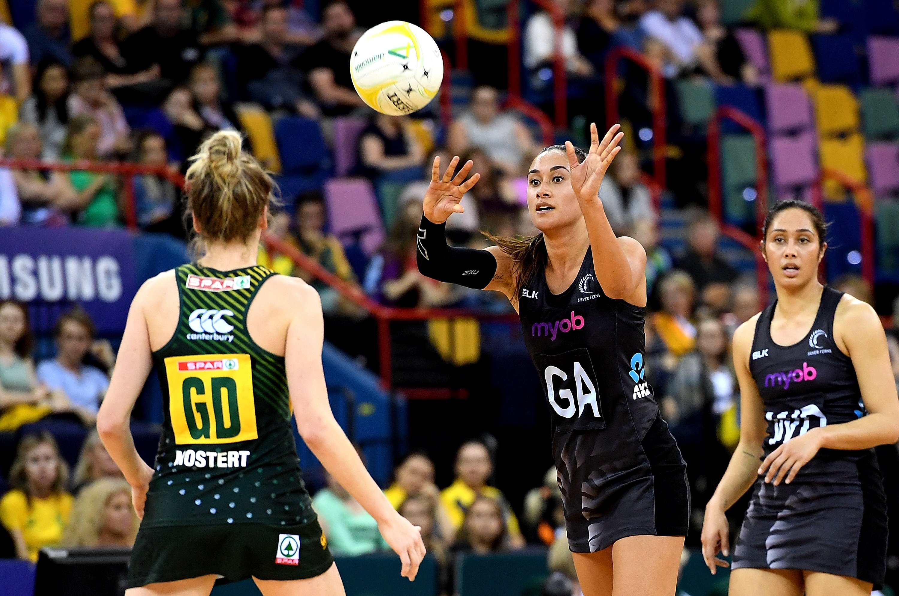 Maria Tutaia passes the ball during the 2017 Netball Quad Series match between the Silver Ferns...