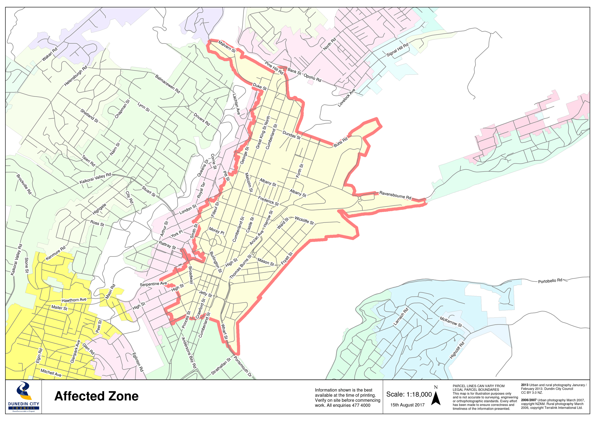 A map of areas part of the Dunedin City Council's boil water notice