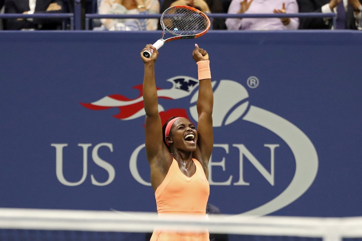 Sloane Stephens celebrates her win over Venus Williams. Photo Geoff Burke-USA TODAY 
