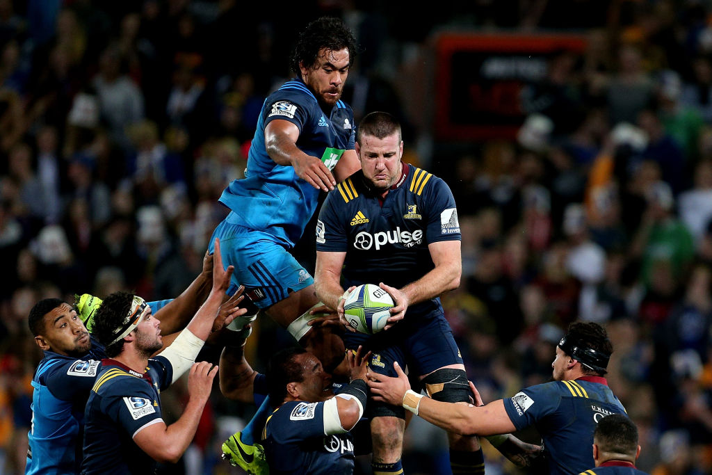 The Highlanders in action against the Blues in Dunedin back in April. Photo Getty