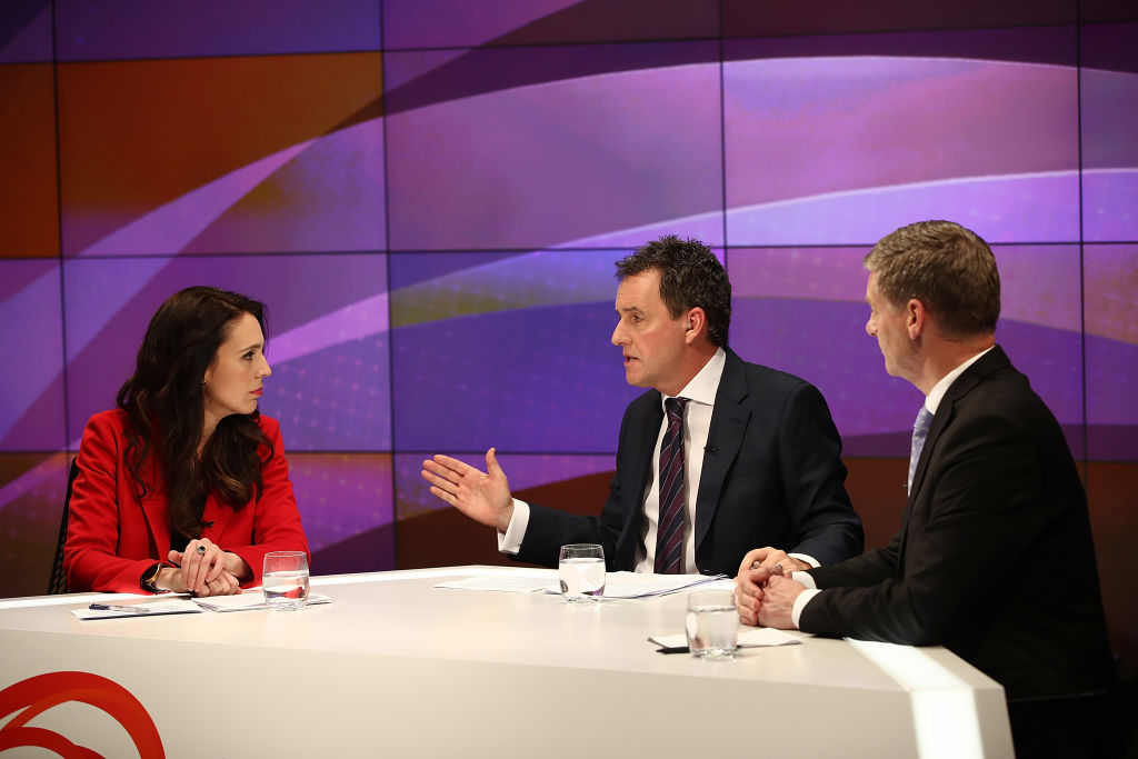 Presenter Mike Hosking chairs the TVNZ leaders debate between Labour leader Jacinda Ardern and...