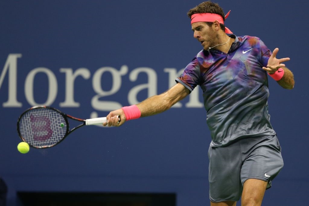 Juan Martin Del Potro plays a forehand against Roger Federer in yesterday's US Open quarterfinal....