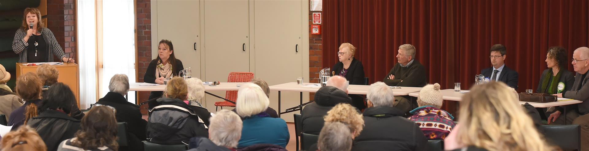 Labour Dunedin South MP Clare Curran speaks at a candidates forum as (from left) New Zealand First's Kerry Rushton, moderators Jo Millar and Lyndon Weggery, National candidate Matt Gregory, Dunedin North Green candidate Niki Bould and The Opportunities Pa