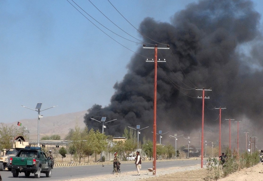 Smoke rises after a bomb attack on the provincial police headquarters in Gardez, the capital of...